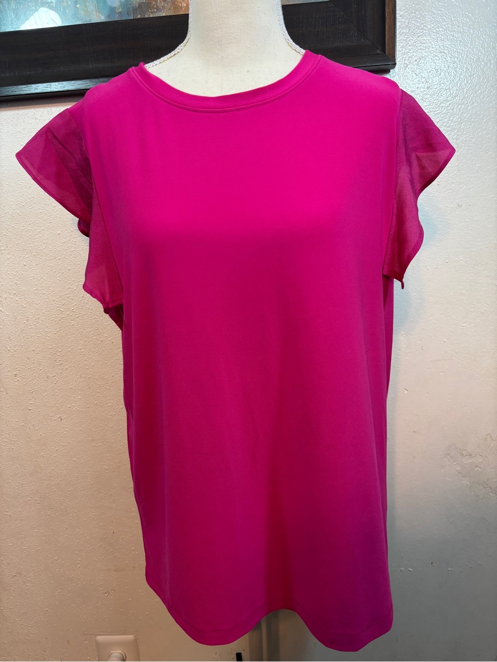 DKNY Bright Fuchsia Short Sleeve Top with Flutter Mesh Sleeves